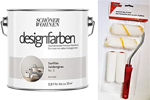 Schöner Wohnen designfarben feinmatte Wandfarbe für innen 2,5 Liter mit go/on Rollen-Set 5-tlg (Nr 5 Sanftes Seidengrau)