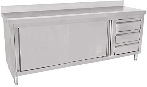 Beeketal 'BAS200-60R' Gastro Edelstahl Küchenschrank mit 3 Schubladen (rechts), 2 Rolltüren und 4 verstellbaren Standfüßen, Küchen Arbeitsplatte mit 10 cm Aufkantung - (L/B/H) ca. 2000 x 600 x 950 mm