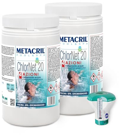 Metacril Chlore Piscine Multi-Action en pastilles de 20 g + doseur Flottant. CHLOR Net 20 4 Actions + Doseur avec thermomètre pour Piscine et hydromassage. 2 KG(1+1) + Dosatore