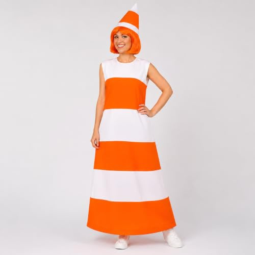 KarnevalsTeufel Erwachsenenkostüm Pylone mit Hut, Orange-Weiß Gestreift, X-Large