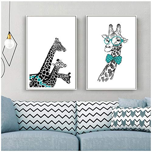 XIANGPEIFBH Druck Leinwand Wandkunst Tiere Giraffe Krawatte Nordic Poster Leinwandbilder Pop Wandbilder Kinderzimmer Rahmen Dekoration 40x60 cm x2 /15.7 x 23.6 Mit Rahmen