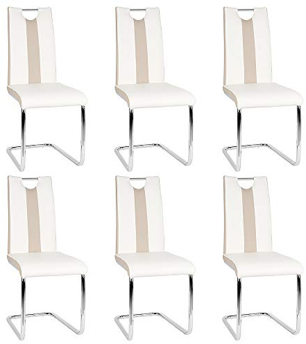 Esszimmerstuhl mit Hoher Rückenlehne, Schwingstuhl Set, 6-er Set, Weiß + Beige