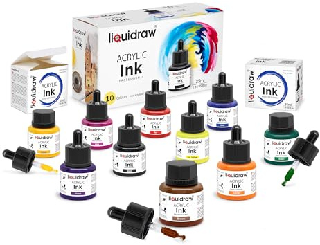Liquidraw Set di 10 inchiostri acrilici per artisti, 35 ml, professionali, per pittura, disegno, pittura, arte, pennelli