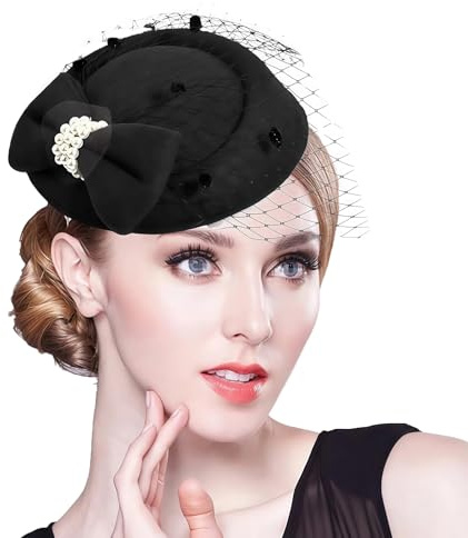 QUUPY Chapeau bibi vintage pour femme avec nœud papillon et clip latéral Noir