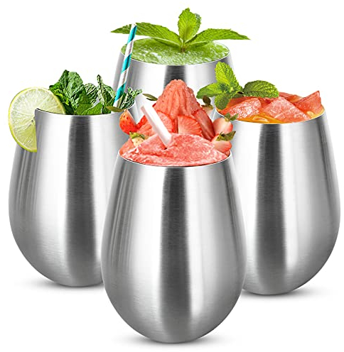 Lot de 4 verres à vin en acier inoxydable de 500 ml, incassables et incassables pour boissons, bière, vin, cocktail, lait, thé, café