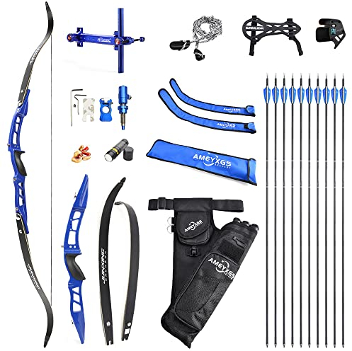 SHARROW Bogenschießen Takedown Recurve Bogen und Pfeile Set ILF Wurfarme und Bogen Riser 20-40lbs Jagdbogen Aluminium Rechte Hand Recurvebogen Erwachsene Sportbogen (24LBS, Blau)