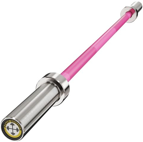 POWER GUIDANCE Barre d'haltère olympique chromée pour levage, poussées de hanches, barres d'entraînement de force universelles (Silver Sleeve Pink Straight (47 inch))
