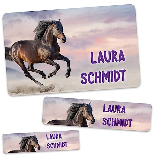 GRAVURZEILE Schuletiketten - Pferd Design - Personalisiert mit Namen - 100 Aufkleber in 3 Größen für das Beschriften von Schulsachen Hefte Bücher - Geschenk zum Schulanfang zur Einschulung