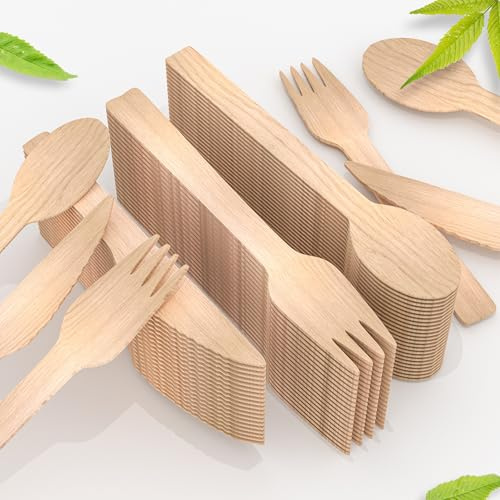 PRODINE 150PCS Disposable Wooden Cutlery Set [50 Forks 50 Spoons 50 Knives] BPA Free Eco-Friendly Biodegradable Cutlery Set for Picnic Outdoor Parties (Pack of 150)