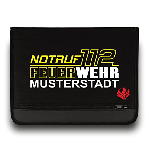Feuerwehr Schreibmappe/FW Notruf 112 +Ortsname/Neongelb-Weiss/Roter Hahn 112 / Einsatzorganizer auch für THW Rettungsdienst Notarzt