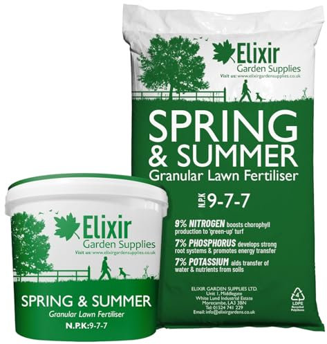 Elixir Gardens Spring & Summer 9-7-7 | Treats 427 sq.m | Granular Lawn Fertiliser/Turf & Grass Feed/Food | 15kg Bag