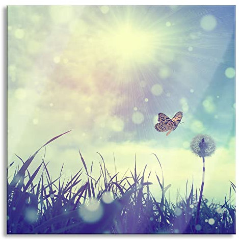 Pixxprint Glasbild, Wandbild auf Echtglas, Schmetterling fliegt zu Pusteblume, 60x60 cm, inkl. Aufhängung und Abstandshalter
