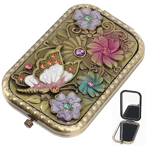 Cisixin Miroir de Maquillage Vintage, Mini Miroir Cosmétique Pliant Double Face, Miroir à Main, Miroir Métal Compact Portable