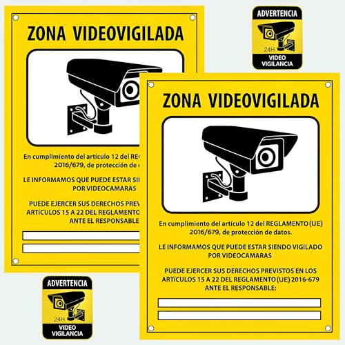 ITALMI Pack 2 Cartel Videovigilancia Homologado de PVC 15x20 cm y 2 Pegatinas Zona Videovigilada para Cristales 8x10 cm, Cartel Zona Videovigilada Exterior e Interior para Puertas y Ventanas