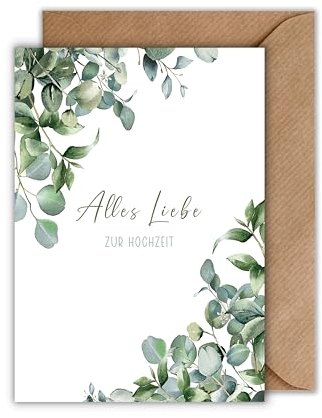 WBdesignz Glückwunschkarte mit Umschlag Alles Liebe zur Hochzeit - Hochzeitskarte mit Eukalyptus Blättern (DIN A6)