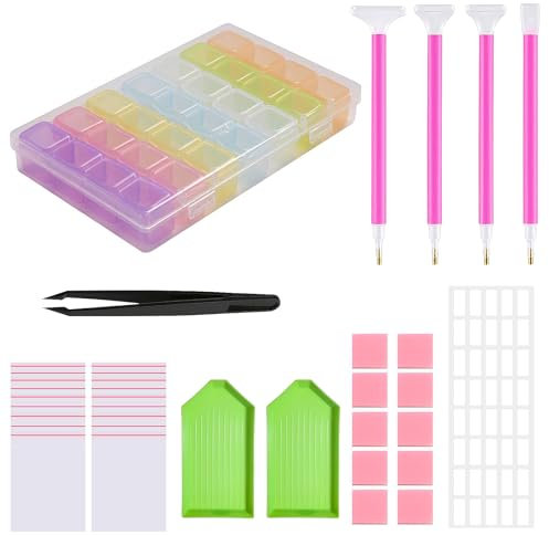 UESDU Diamond Painting Aufbewahrungsbox Set, 28 Grids Perlenbox DIY 5D Diamont Painting Zubehör Boxen mit Stift Sortierboxen für Kleinteile Stickgarn Organizer Box für Nail Art