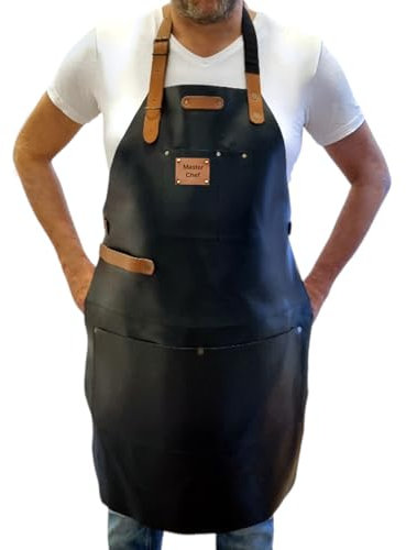 Modusso Hochwertige, anpassbare Lederschürze, perfekt zum Grillen, Grillen, Barkeeper, Holzbearbeitung und Köche, Geschenk für Vater und Ehemann, Schwarz, Regulär