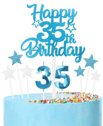 Set di candele per torta per 35° compleanno blu,35° Decorazioni di compleanno per uomini,Candele numero 35 per torta,blu stella torta con d'argento per decorazioni di festa per uomini e donne