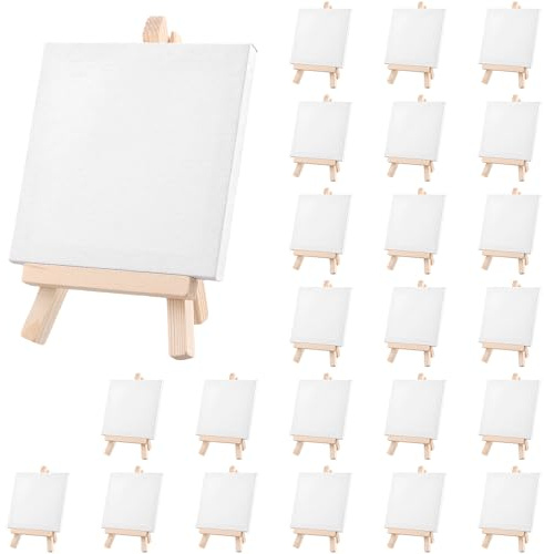 KEILEOHO 24 Stück Mini Leinwand mit Staffelei, 10 x 10 cm mini Leinwand mit 8 x 15 cm Staffelei, Klein Leinwand Staffelei Set für Hochzeit Dekoration