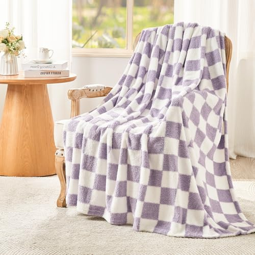 EMME Filt rutig fleece fluffig mjuk rutig lavendel 200 x 230 cm