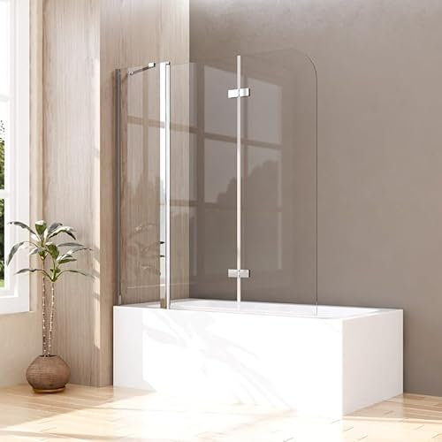 Duschwand für Badewanne 3-teilig 150x140cm Duschabtrennung Faltbar mit festem Segment, Duschtrennwand Glas Badewannenaufsatz Duschtrennwand mit 6mm Nano EGS Sicherheitsglas, Silber