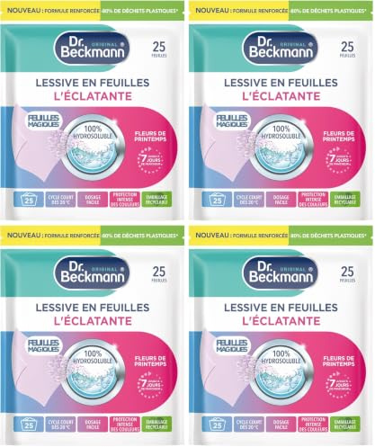 Dr. Beckmann FEUILLES MAGIQUES Lessive en feuilles L'ÉCLATANTE | Format pré-dosé, pratique et léger | 100% hydrosoluble, facile à utiliser et ranger | 25 feuilles (Lot de 4)