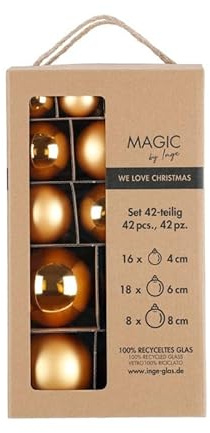 Magic by Inge - Weihnachtskugeln Set 42-teilig Inkagold, mit den Durchmessern 4 cm, 6 cm und 8 cm, Christbaumschmuck Glas, Gold