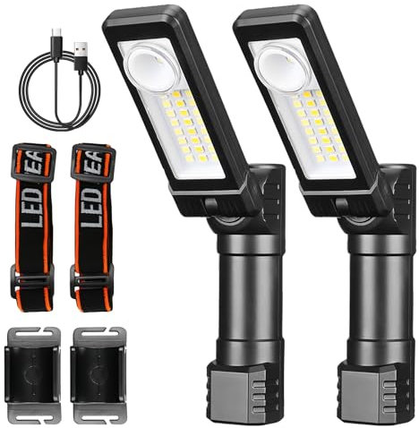 BORDEAG 2 luci LED da lavoro – Lampada da officina ricaricabile con funzione girevole, lampada COB di ispezione e torcia LED per riparazione auto, campeggio e emergenze