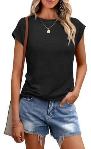 Cuptacc t-shirt damtoppar sommar rund hals toppar damer elegant basic blus kortärmad linne damer affärskläder damer, svart, M
