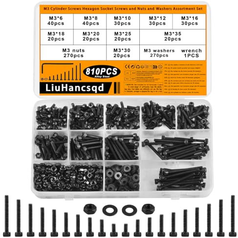 M3 Bolts and Nuts Set, 810 Pcs Hex Socket Cap Head Nuts and Bolts and Washers Assortment Kit, Hexagon Socket Head Cap Screws, Black Machine Screws for Bike Bicycle Motorcycle Repair