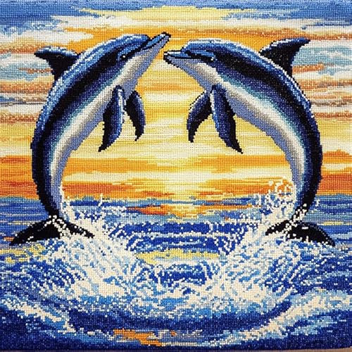 WallustrioaW kreuzstich knüpfen kissen set Meerestiere zwei Delfine,Set Latch Hook Kissen Kit Knüpfteppich Knüpfpackung,Sofakissenbezug Handgemachte Geschenke,43x43cm