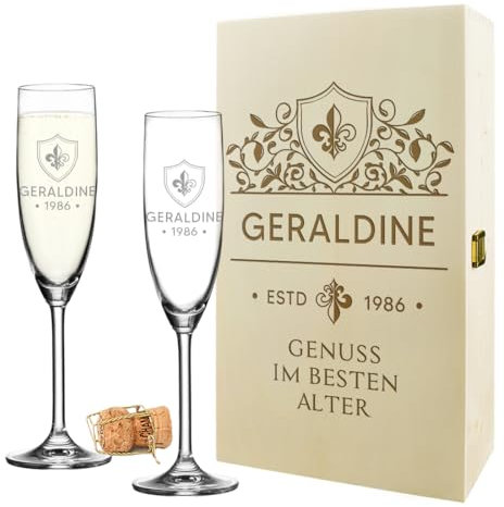 polar-effekt Sekt Geschenkset 2 Sektgläser 200 ml & Holzbox mit Gravur - nach Wunsch personalisiert - spülmaschinenfeste Schaumweingläser - mit Namen graviert