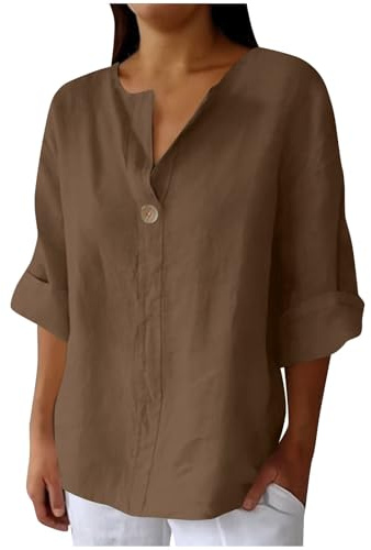 Tunica estiva in cotone e lino per le donne Camicette con scollo a V a tinta unita Camicette casual con maniche a 3/4 Camicetta lunga da donna Plus Size Henley Oggi 2025