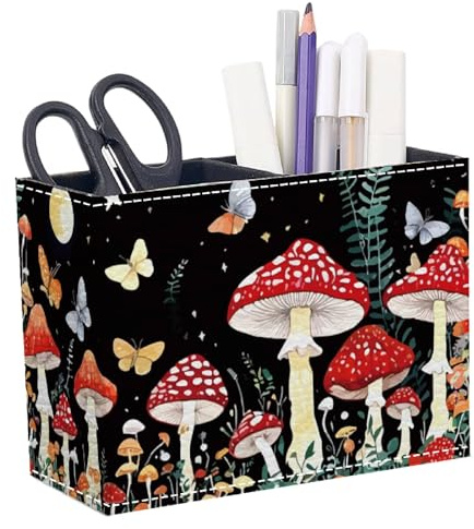 craspire Pot à Crayons Rectangulaire en Similicuir PVC à Motif Champignon 4.33×5.9 Pouces en PU pour Bureau Rangement de Tasses Pinceaux de Maquillage pour Chambre à Coucher Bureau Maison Pot
