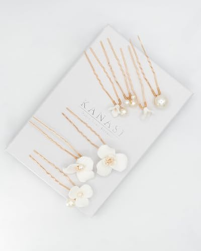 Bridal Hair Pins Set – 7 handgjorda vita blommiga hårtillbehör med pärlor – eleganta keramiska bröllopshårnålar – romantisk guldton hårdel – presentbox alternativ (presentförpackning ingår)