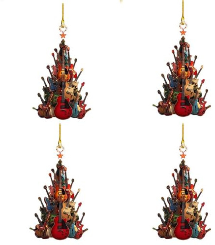 4pcs Guitar Ornament, Rockin' Around The Guitar Christmas Tree Ornament, 2D Premium Acrylic Rock Christmas Tree Ornaments, Wood Guitars Musical Instrument Decoration