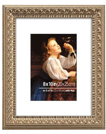 8x10 in Antique Silver Ornate Vintage Wood Picture Frame, Matted for 5x7 Photos, Real Glass Protection, Tabletop or Wall Mounting Display