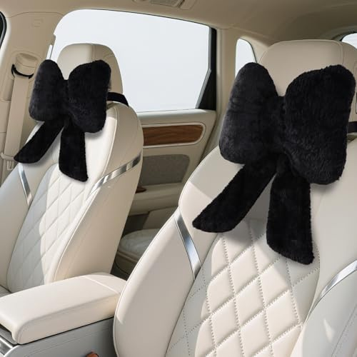iHUFeather 2 Pack Bow Car Headrest Pillows Plush Car Neck Pillows for Travel Driving Office Chair Head Support Cushions, Also Cute Car Decor Accessories (Black)