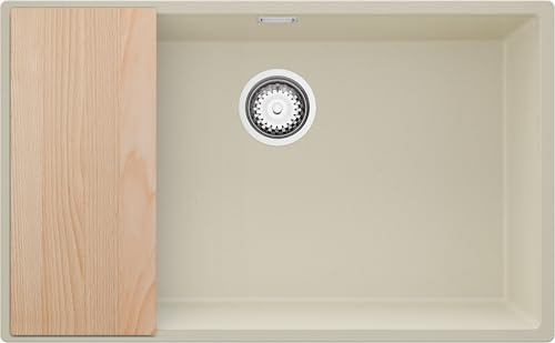 PRIMAGRAN Lavello da Cucina Beige 76x47cm, Lavandino in Granito a 1 vasca + Sifone Classico + Tagliere, Lavabo Incasso al mobile 80cm - London Slim S312