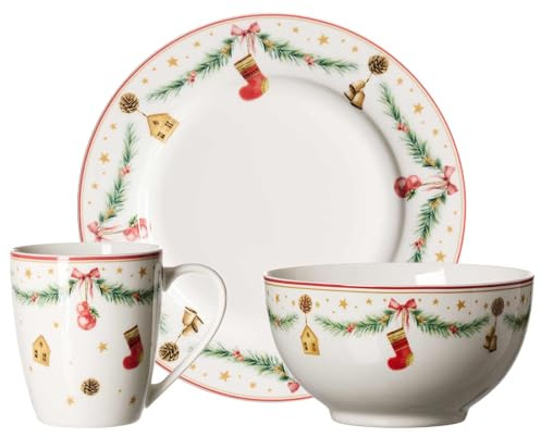 Ritzenhoff & Breker Holly Frühstücks-Set 18-teilig für 6 Personen – Weihnachtsgeschirr aus Porzellan im Retro-Design – spülmaschinenfest & mikrowellengeeignet – Weiß/Rot/Grün