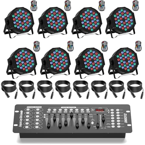 SEBRUANC 8PCS LED Par Akku mit DMX Controller und DMX Kabel, RGB 36 LED Wiederaufladbar Bühnenlicht mit Fernbedienung und Sound Aktivierung, Disco Licht für DJ Bar Hochzeit Geburtsta Party Festivals