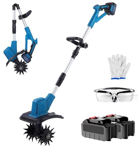 Motozappa Elettrica a Batteria da 21 V, Fresatrice Pieghevole con Impugnatura Regolabile, Larghezza 30 Cm, profondità 20 Cm, Testa a 4 File, Motozappa a Batteria da 330 Giri/min p 5-Cell Dual Battery