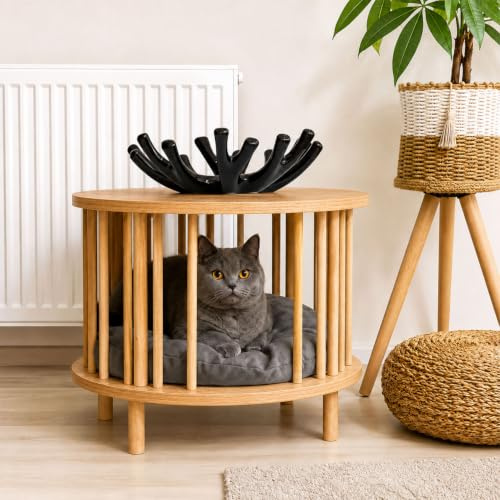 Jungengel Grotte pour chat et table d'appoint ronde en bois - Meubles d'intérieur 2 en 1 pour chat - Table basse - Table de chevet - 53 cm (bois)
