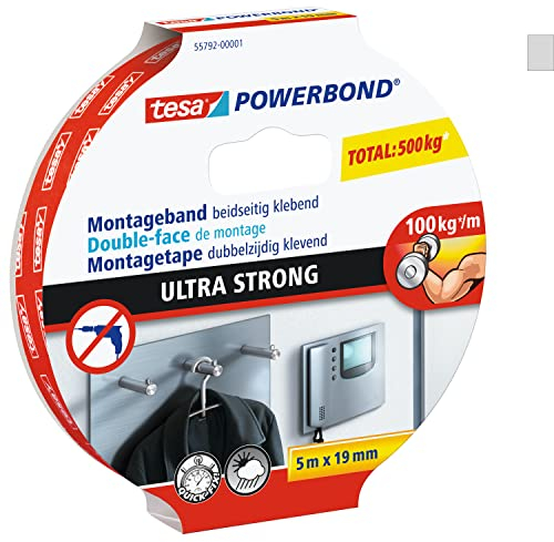 tesa Powerbond ULTRA STRONG - Doppelseitiges, extra starkes Montageband zur permanenten Befestigung im Außen- und Innenbereich - 5 m