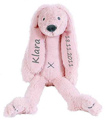 Elefantasie Stofftier Hase mit Namen und Geburtsdatum personalisierbar Plüschhase Kuschelhase Geschenk rosa 30cm