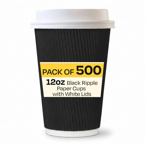 We Can Source It Ltd - 500 x 12oz Black Ripple Paper Cups with Lids - Disposable Takeaway Hot Beverage Cups for Coffee, Tea, Cappuccino - Leak Proof Insulated Serving Cups for Cafe, Restaurant & Event
