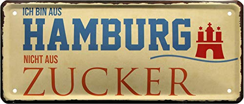 WOGEKA ART Retro Blechschild - Ich Bin aus Hamburg, Nicht aus Zucker - witziger Spruch als Geschenk-Idee zum Geburtstag Weihnachten Dekoration 28x12 cm Vintage-Design Metall 2098