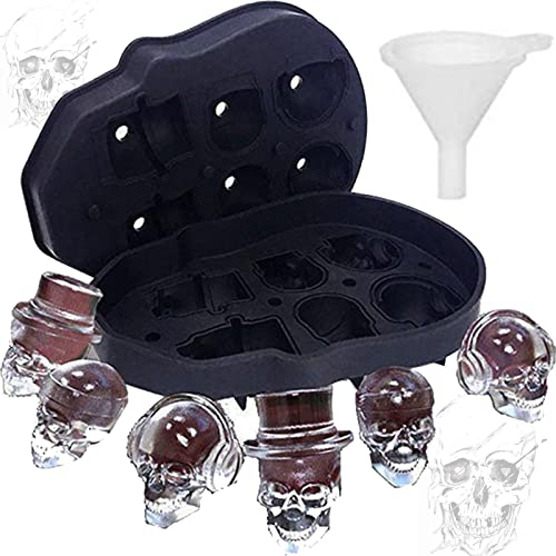 A Silikon Eiswürfelform Totenkopf, 3D Totenkopf Silikon Eiswürfel, mit Mini Trichter, Perfekt für Whiskey, Cocktail und Jedes Getränk (6-Fach)