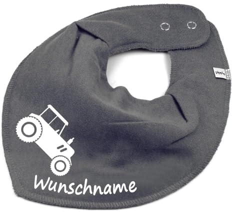 HALSTUCH mit Namen oder Text personalisiert für Baby oder Kind aus Baumwolle in Einheitsgröße Traktor dunkelgrau