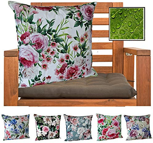 heimtexland ® Outdoorkissen Dekokissen Schmutz- und Wasserabweisend Landhaus Garten Outdoor Kissen Rosen Rosa Grün Typ675